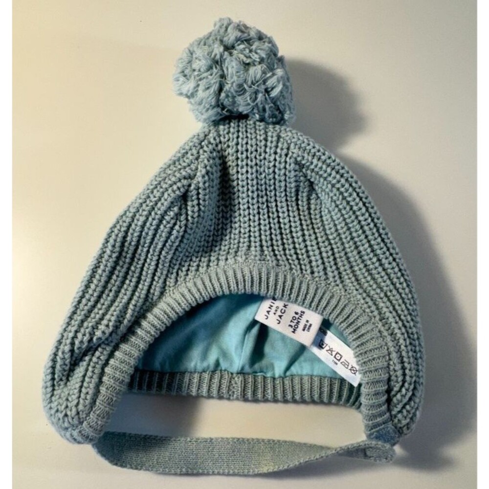 Janie And Jack Soft Green Rib Knit Winter Hat Pom Pom With Chin Strap 3-6 months